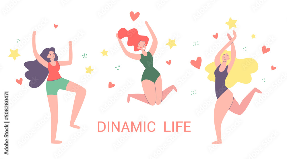 Body positive. Happy girls.  Love your body.  Variety of poses and gestures. Dynamic life. Sport and dance. Vector illustration concept