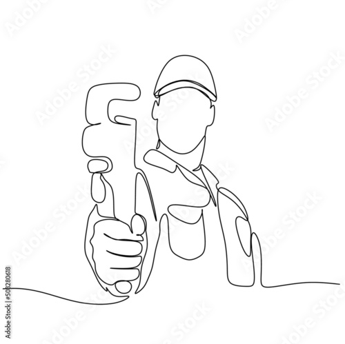 One single line drawing of young repairman and holding a pipe wrench. House maintenance service concept continuous line draw design illustration