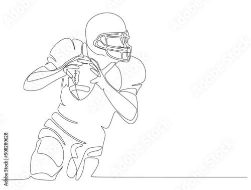 	
One single line drawing man american football player ready to pass the ball for his teammates. Sport competition concept. Modern continuous line draw design graphic vector illustration