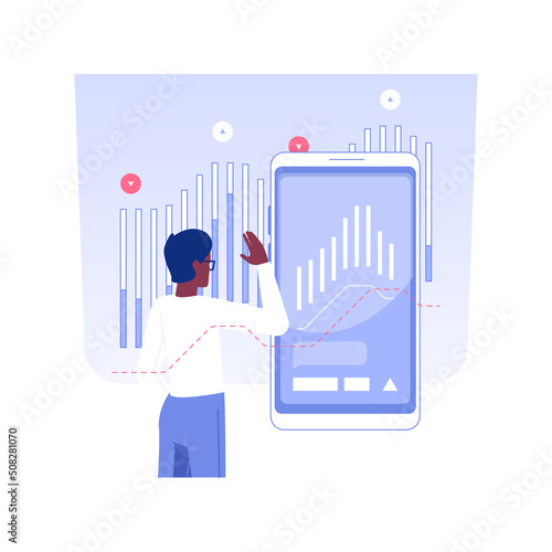 Stock trading platform isolated concept vector illustration. Stock market trader with smartphone using special app, financial literacy, investment process, raising money vector concept.