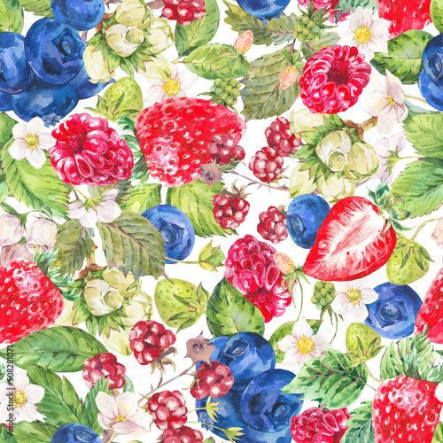 Watercolor summer berries seamless pattern. Fruits  strawberries  blueberiies texture on white. Hand-drawn botanical wallpaper