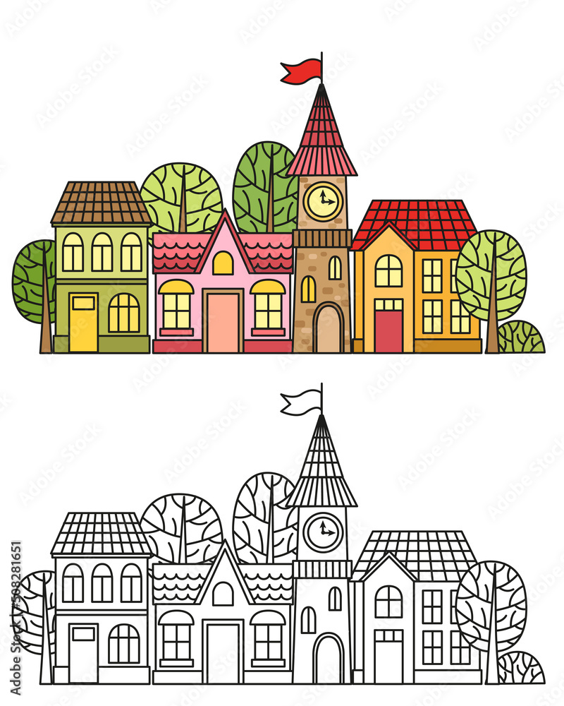 Coloring for kids. A with cute houses and a tower. Black and white contour