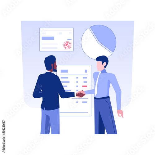 Merging companies isolated concept vector illustration. Business partners shake hands, collaboration deal, investment banks, bank, corporate banking, successful deal vector concept.