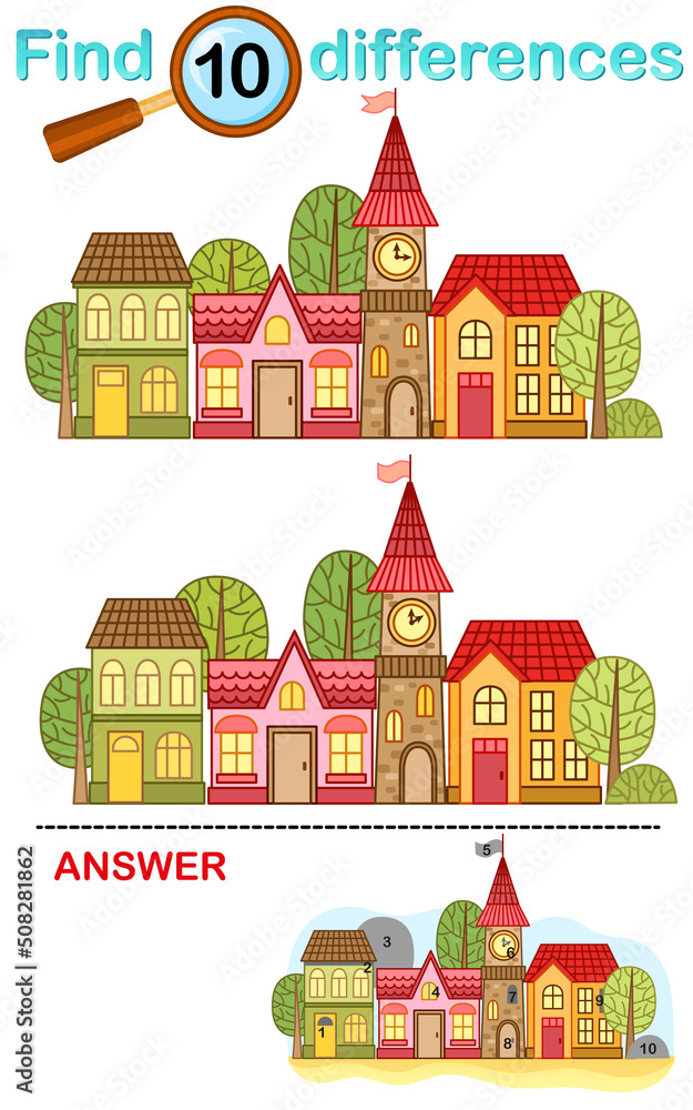 Logical game for children education. Find the differences in the picture. A town with cute houses and a tower