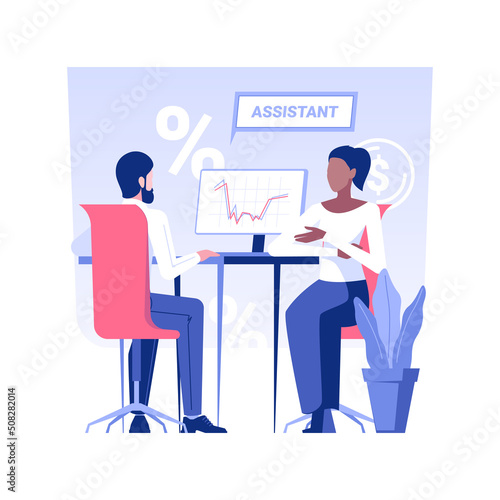 Personal bank assistant isolated concept vector illustration. Businessman talking with brick and mortar bank consultant, professional financial advisor, personal assistance vector concept.