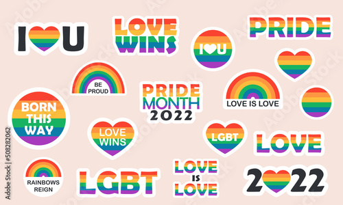 Vector set of LGBTQ community slogan sticker with rainbow flag  elements, pride symbols, gender signs. Pride month slogan and phrases stickers. Gay parade celebration. © Oksana