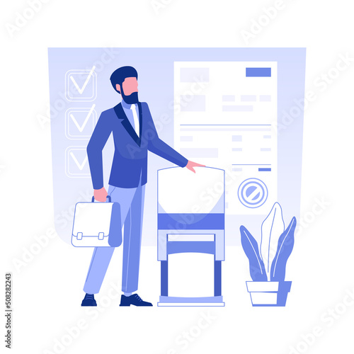 Notary public service isolated concept vector illustration. Process of document notarization, put a stamp, brick and mortar bank, financial transactions, international business vector concept.