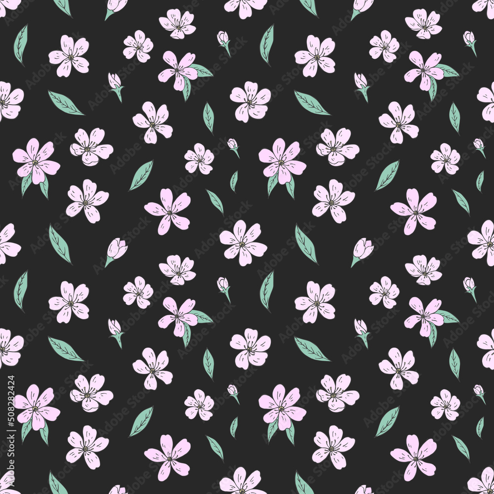 Seamless vector pattern of sakura flowers. Decoration print for wrapping, wallpaper, fabric, textile. Spring background. Cherry blossoms. 