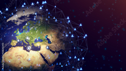 Fototapeta Naklejka Na Ścianę i Meble -  Connecting people network and global earth connection. Social media and Network community concept. Global business, internet technology, IoT. 3D Rendering.Elements of this image furnished by NASA.