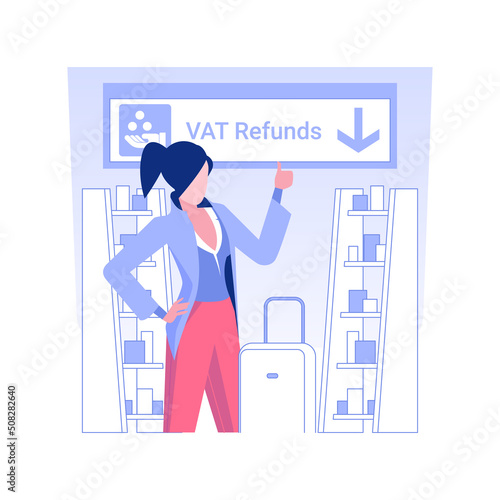 Tax free service isolated concept vector illustration. Smiling woman in airport duty-free zone, refunding VAT services, tax free business, discount goods, money refund vector concept.