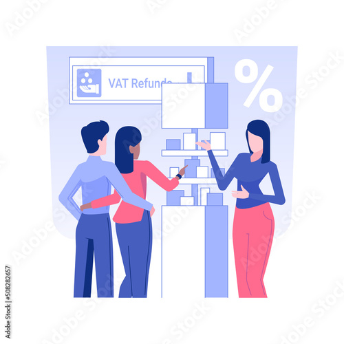 Duty free shop isolated concept vector illustration. Happy young couple shopping in airport duty free, tax free business, discount goods, money refund, make a purchase vector concept.