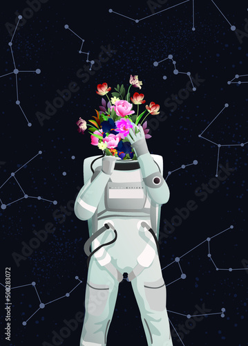 Vector image, an astronaut with beautiful flowers growing out of his helmet