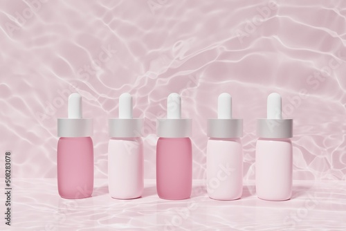 3d render of pink face serum pipette bottles on a pink water background