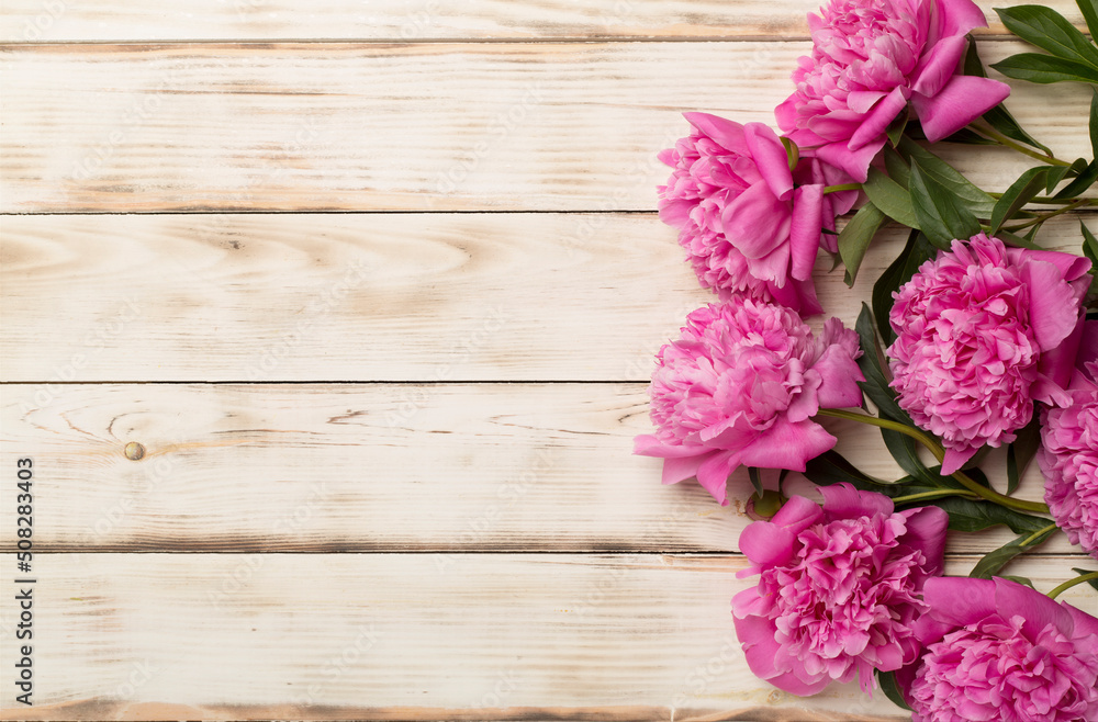 Beautiful pink peony flowers on wooden background, top view