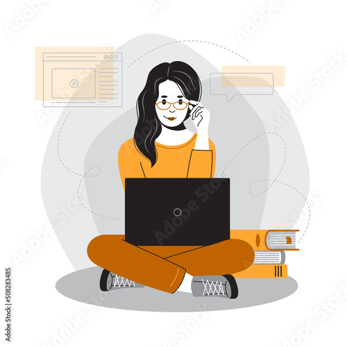 Remote work concept, vector illustration. Girl sitting at a computer, laptop. Online training, conference, webinar, courses, lessons, master classes, training video, work, online sales and purchases, 