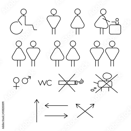 oilet line icon set. WC sign. Men,women,mother with baby and handicap symbol. Restroom for male, female, transgender, disabled. Vector graphics