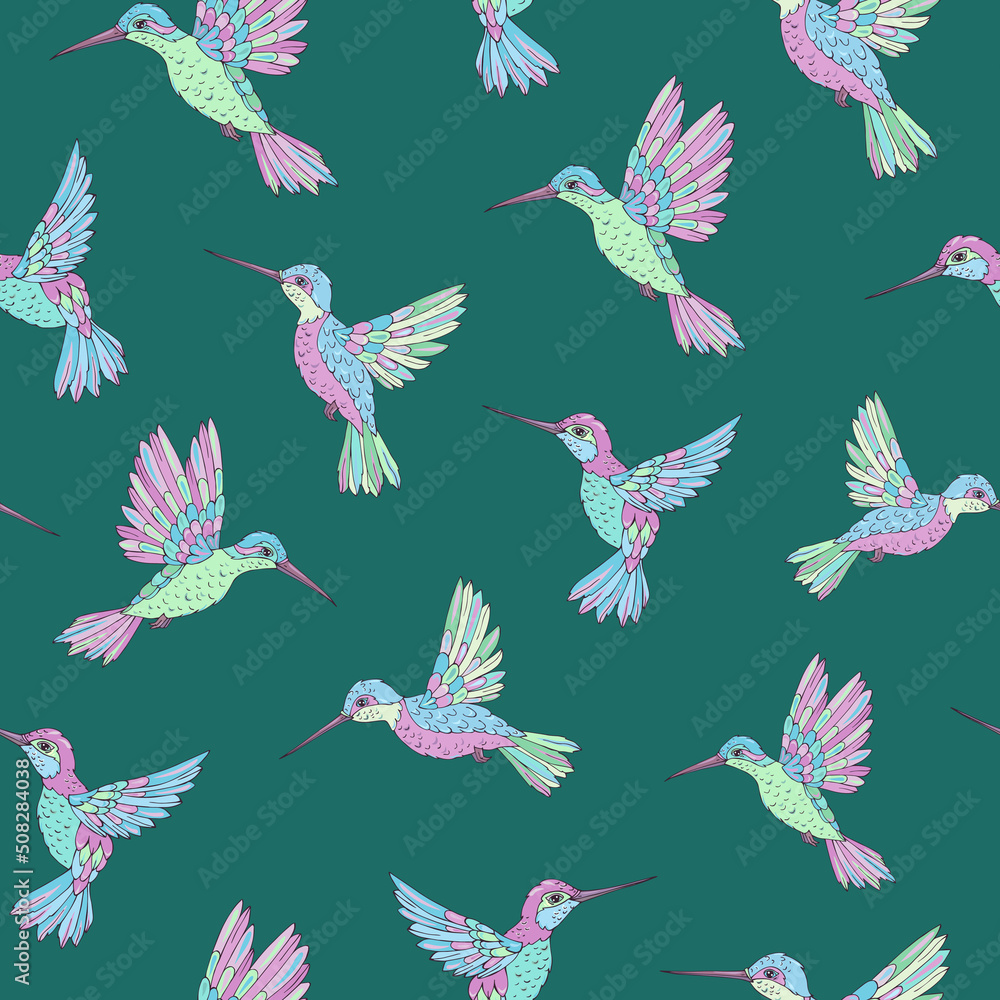 Vector seamless pattern with hummingbird. Decoration print for wrapping, wallpaper, fabric. Seamless vector texture.