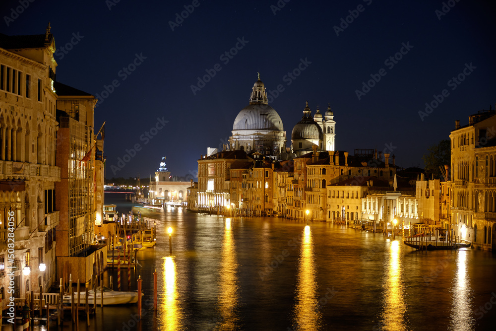 Night view of Santa Maria della Salute Church from the Accademia Bridge, Venice, Italy