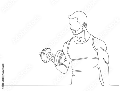 Single continuous line drawing of young sportive man training in sport gymnasium club center. Fitness stretching concept. One line draw design vector illustration