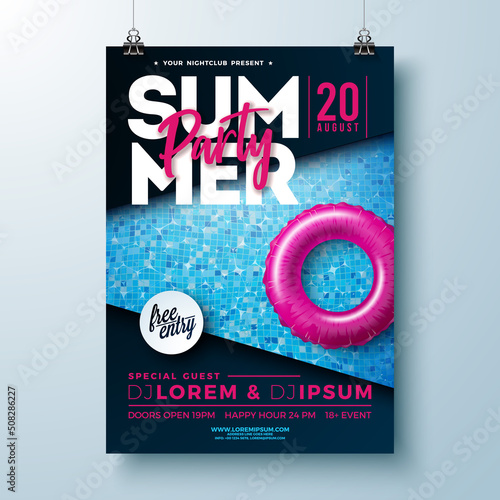 Summer Pool Party Poster Design Template with Float on Water in the Tiled Pool Background. Vector Summer Holiday Illustration with Swimbelt for Banner, Flyer, Invitation or Celebration Poster.