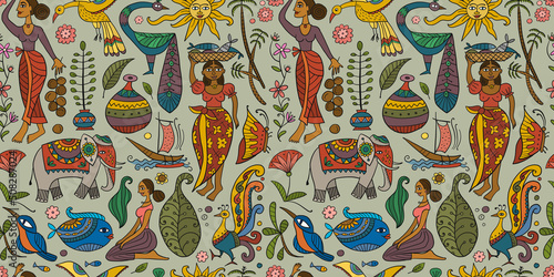 Tropical life, fairy nature background. Art with women, birds and elephant. Frame for your design