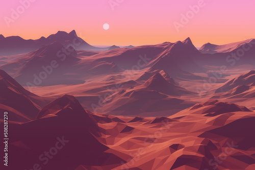 sunset in mountains, 3d landscape