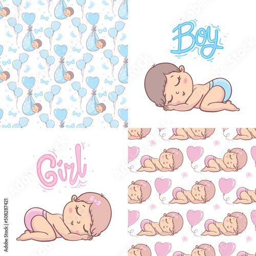 A set of ready-made designs for newborns. This is a boy. It's a girl. Vector illustration.