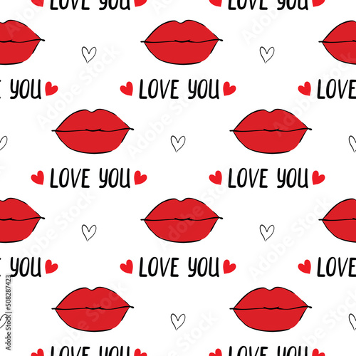 Red pink makeup woman lips shapes background Valentine's Day kiss seamless pattern Flat graphic girl mouth backdrop Romantic feminine design.