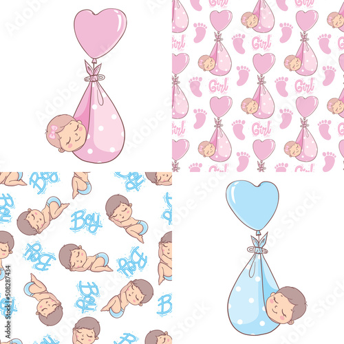 A set of ready-made designs for newborns. This is a boy. It's a girl. Vector illustration.