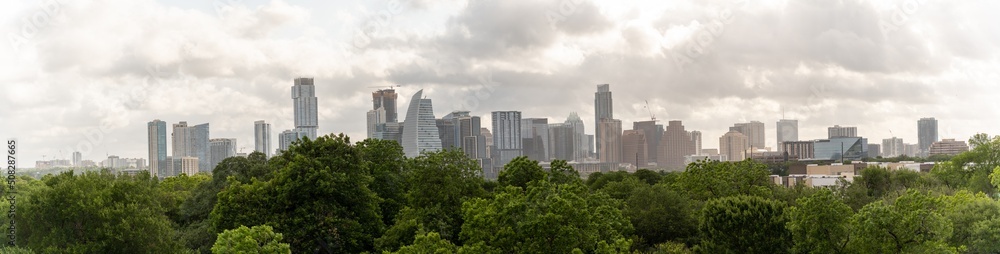 Aerial View of Downtown Austin With Cloudy Skies From the Suburbs