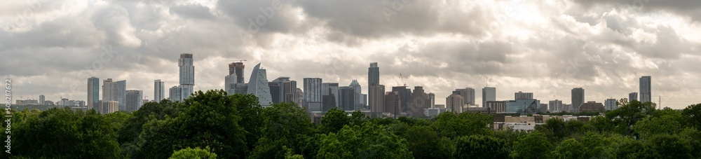 Panoramic View of Austin Skyline with Cloudy Skies half way 2022
