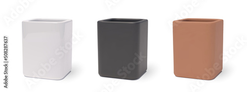 3D realistic glossy white, black and terracotta ceramic flower pots with drop shadows. Three-dimensional empty square reservoirs for house plants. Vector isolated clipart