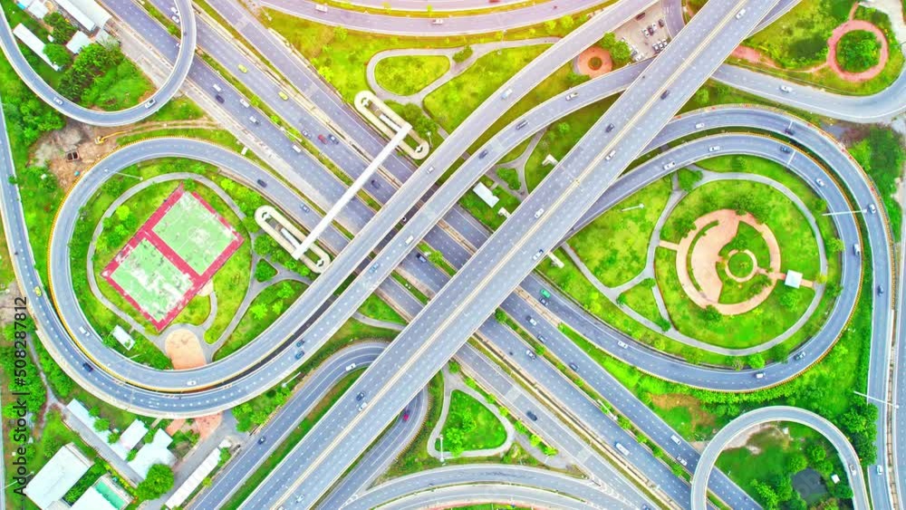 4K Top view of Highway road junctions. The Intersection freeway road