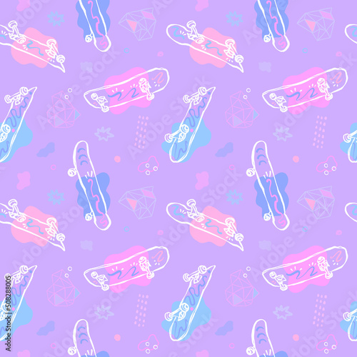 Modern seamless pattern with skateboards, geometric shapes for textiles. Bright sports background for the design of t-shirts, banners.
