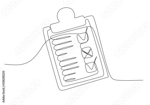 Clipboard with checklist. Continuous line one drawing. Vector illustration. Simple line illustration.