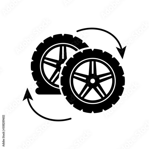 Car wheel changing icon. Vector illustration of tire change. Wheel tyre service symbol isolated on white background. Replacing flat tire sign for web, app, banner, logo.