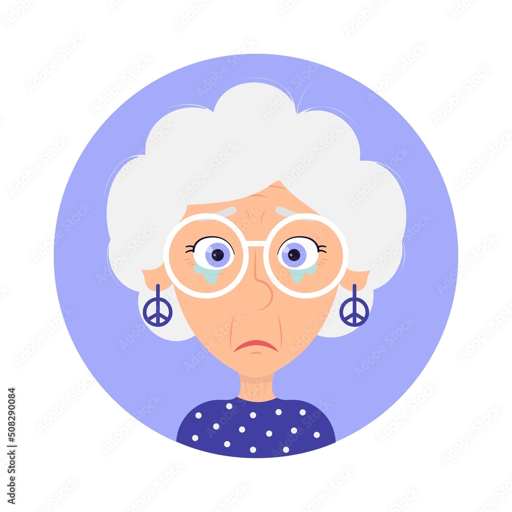 Hippie old woman with pained emotion character avatar isolated vector illustration on white background Hippie old woman with pained emotion character avatar isolated vector illustration on white background