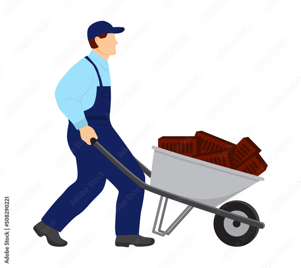 A uniformed worker carries bricks in a construction wheelbarrow. Vector Illustration in flat style on white background. A uniformed worker carries bricks in a construction wheelbarrow. Vector Illustration in flat style on white background.