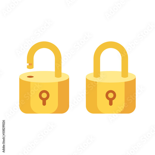Locked and unlocked golden padlock. Realistic set of golden locks. Security concept. Vector illustration..