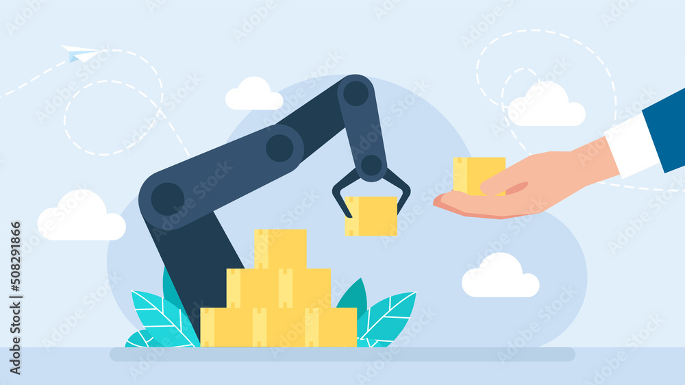 Automatic production conveyor. Cooperation of man and robotic hand. Automatic machine. Automation of production and delivery. Robotic arm. Industry concept. Flat Style. Business illustration Automatic production conveyor. Cooperation of man and robotic hand. Automatic machine. Automation of production and delivery. Robotic arm. Industry concept. Flat Style. Business illustration