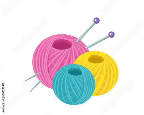 Yarn ball and knitting needles isolated on white background. Vector illustration of skein of thread. Vector cartoon flat illustration.