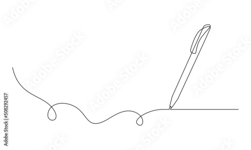 One continuous line drawing of pen writing wave thin stroke. Pencil symbol of study and education concept in simple linear style. Contour icon. Doodle vector illustration photo
