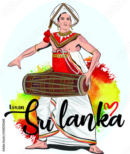 Sri Lankan Traditional Upcountry Kandyan Drummer, Vector illustration. A conceptual theme-Explore Sri Lanka, a tourist promotional advertising campaign
