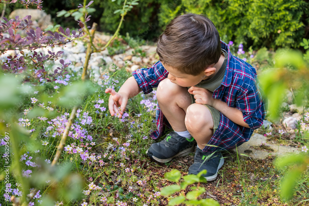 Little toddler boy play in garden in spring