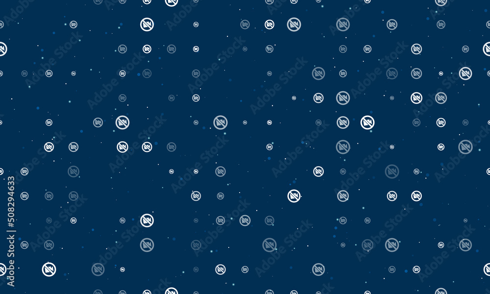 Seamless background pattern of evenly spaced white no video symbols of different sizes and opacity. Vector illustration on dark blue background with stars