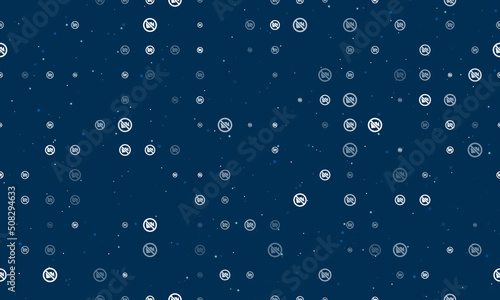 Seamless background pattern of evenly spaced white no video symbols of different sizes and opacity. Vector illustration on dark blue background with stars