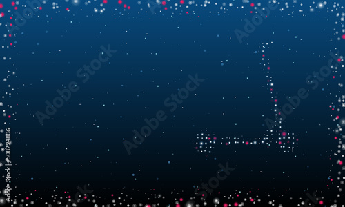 On the right is the kick scooter symbol filled with white dots. Pointillism style. Abstract futuristic frame of dots and circles. Some dots is pink. Vector illustration on blue background with stars