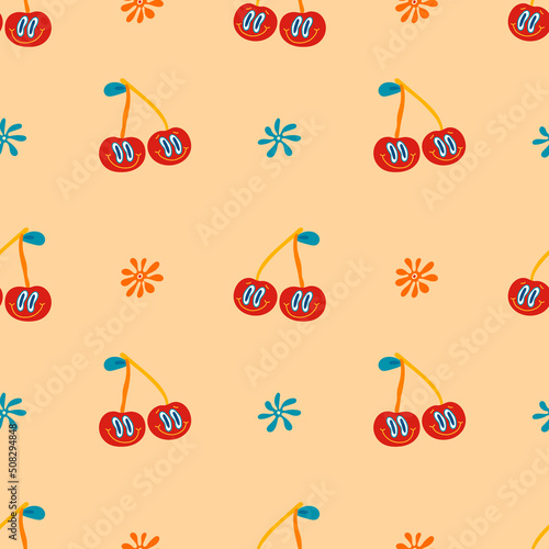 Psychedelic seamless patterns in retro 70s style, groovy hippie backgrounds. Teen funky print with crazy cherries and hippie-style flowers.