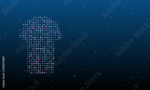 On the left is the t-shirt symbol filled with white dots. Background pattern from dots and circles of different shades. Vector illustration on blue background with stars