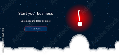 Business startup concept Landing page screen. The gyroscooter on the right is highlighted in bright red. Vector illustration on dark blue background with stars and curly clouds from below